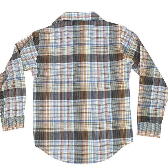 Vintage 70s Billy The Kid Tan Blue Plaid Long Sleeve Button Front Shirt 10 - Picture 3 of 3